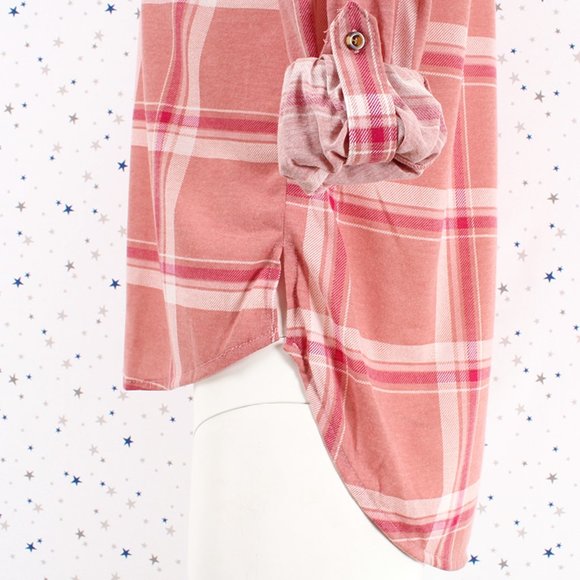 Knit Plaid Button Up Shirt Hi Lo Hem Salmon Pink - Picture 6 of 8